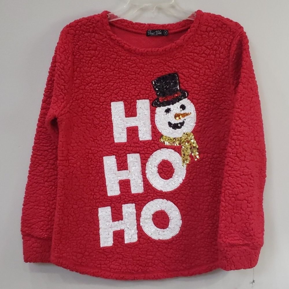 Third Wish Top Womens M Red Faux Sherpa Sequined Ho Ho Ho Snowman Holiday Fleece